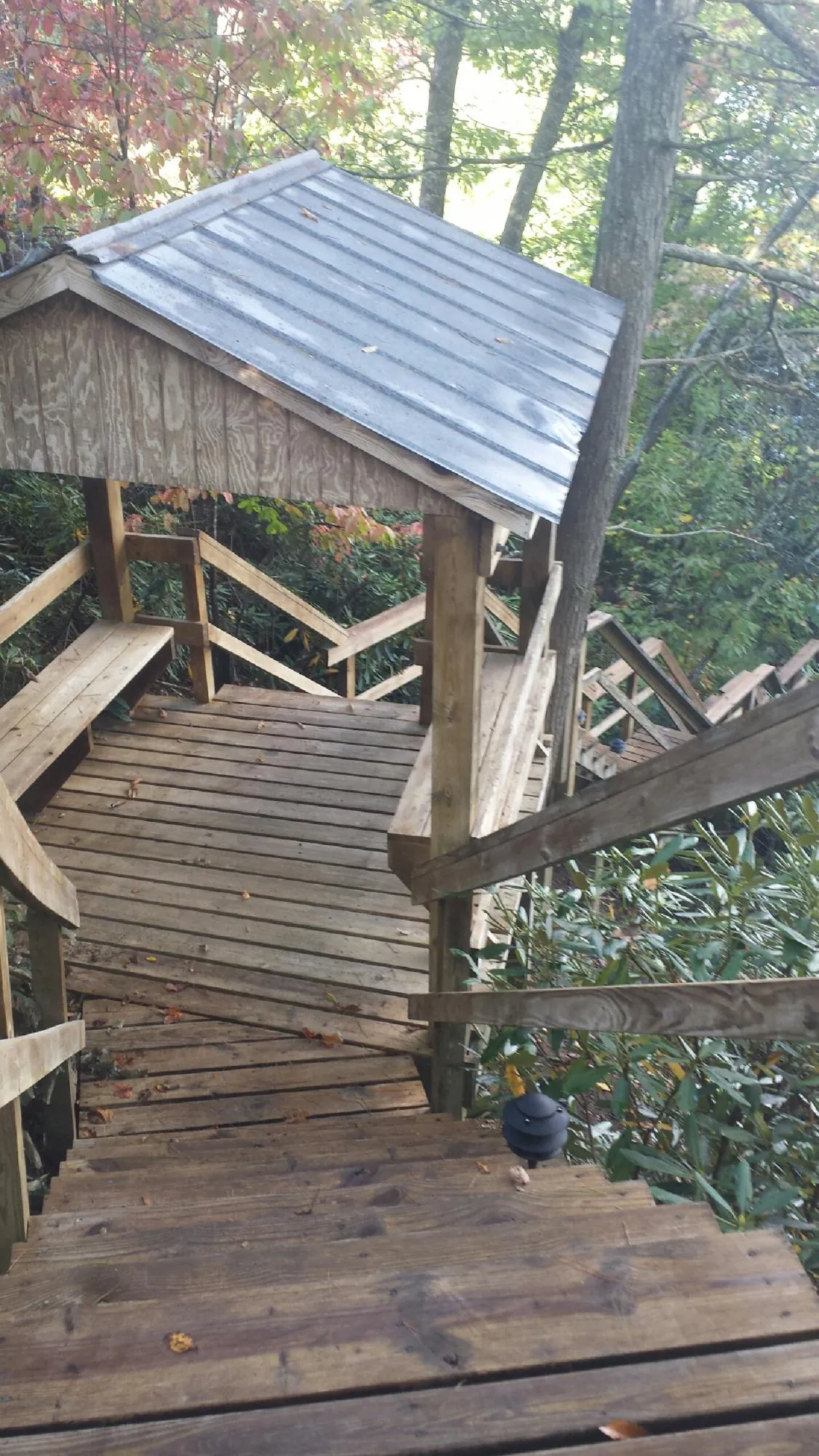 Metal roofed shelter over wooden steps on a wooded walkway — Skylight Repair & Installation work by our crew in Teton